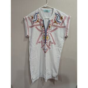 Pretty linen blend tunic with Southwestern style embroidery sleeveless tunic, S